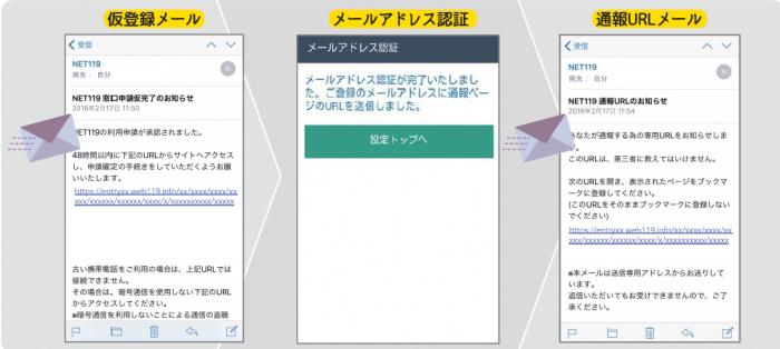仮登録メール、メールアドレス承認、通報URLメールのスマートフォン画面の画像
