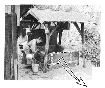 （写真）お茶屋で使用する水を汲みあげた西町の井戸（朝鮮云々の文字が残る）