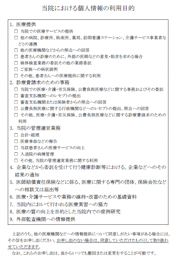 当院における個人情報の利用目的です