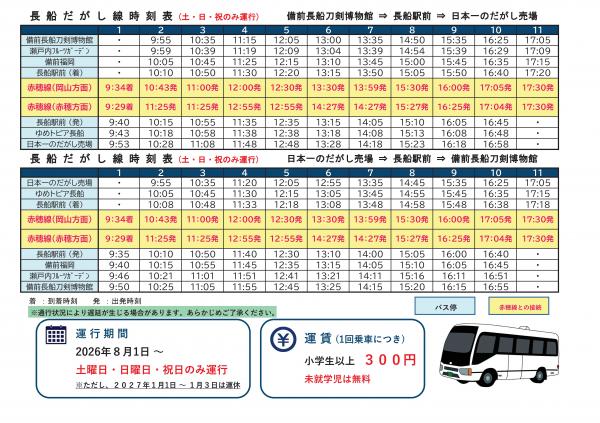 観光定期バス「長船だがし線」時刻表